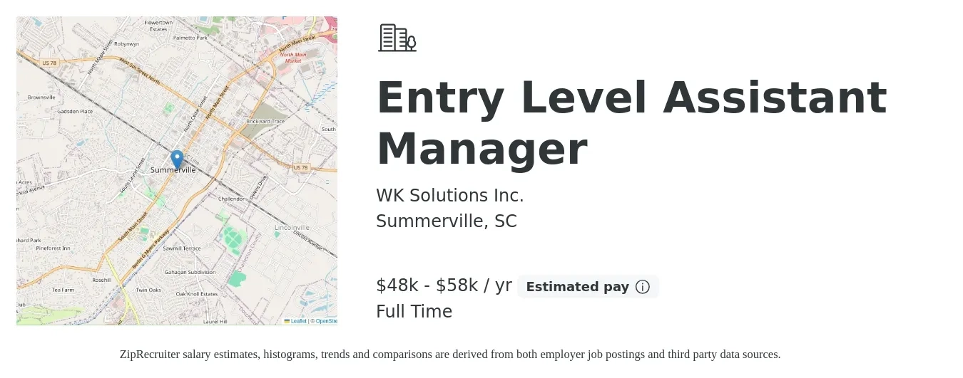 WK Solutions Inc. job posting for a Entry Level Assistant Manager in Summerville, SC with a salary of $36,300 to $46,600 Yearly with a map of Summerville location.