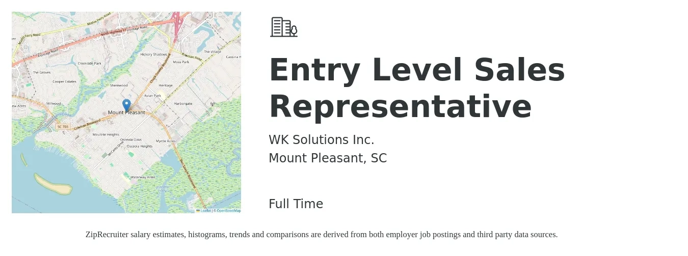 WK Solutions Inc. job posting for a Entry Level Sales Representative in Mount Pleasant, SC with a salary of $45,000 to $55,000 Yearly with a map of Mount Pleasant location.