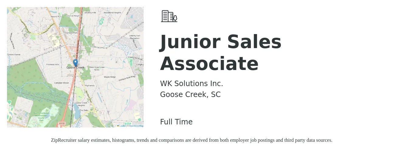 WK Solutions Inc. job posting for a Junior Sales Associate in Goose Creek, SC with a salary of $45,000 to $58,500 Yearly with a map of Goose Creek location.