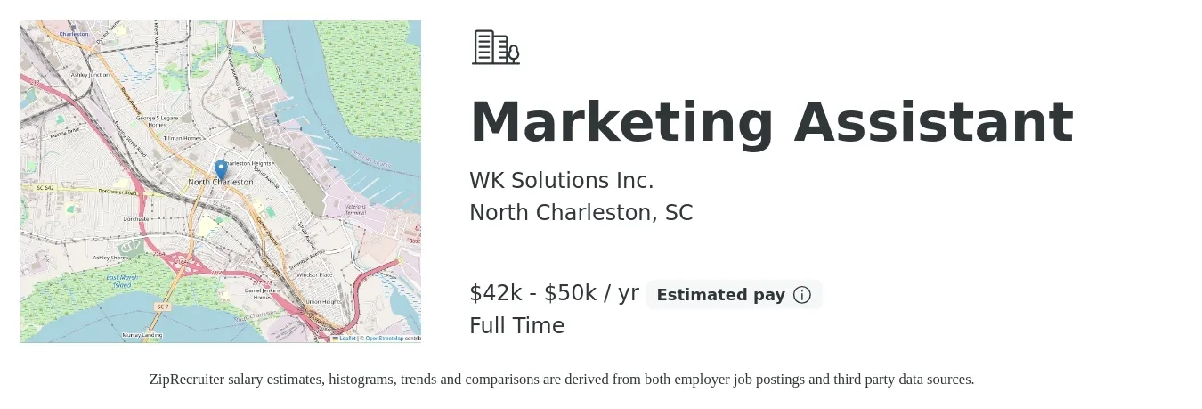 WK Solutions Inc. job posting for a Marketing Assistant in North Charleston, SC with a salary of $42,500 to $50,000 Yearly with a map of North Charleston location.