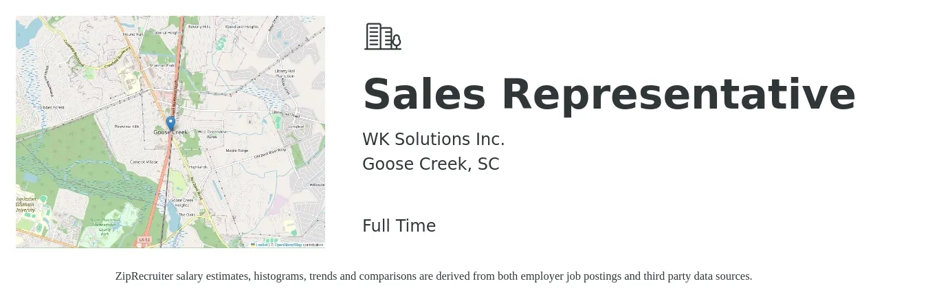 WK Solutions Inc. job posting for a Sales Representative in Goose Creek, SC with a salary of $44,000 to $57,500 Yearly with a map of Goose Creek location.