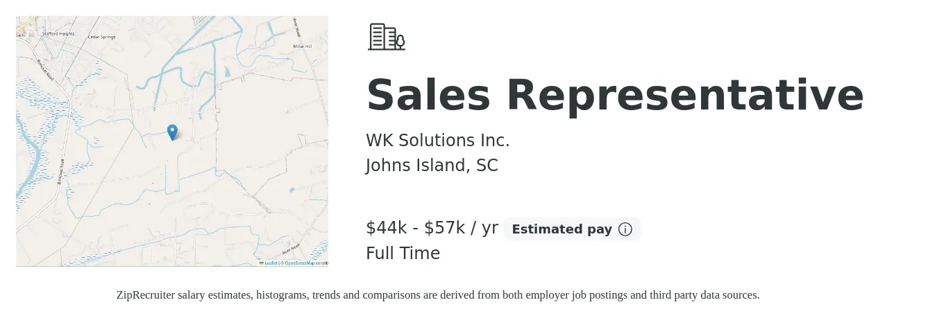 WK Solutions Inc. job posting for a Sales Representative in Johns Island, SC with a salary of $44,000 to $57,500 Yearly with a map of Johns Island location.
