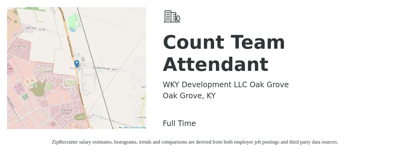 WKY Development LLC Oak Grove job posting for a Count Team Attendant in Oak Grove, KY with a salary of $13 to $17 Hourly with a map of Oak Grove location.