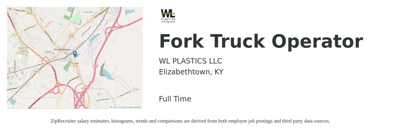 WL Plastics job posting for a Fork Truck Operator in Elizabethtown, KY with a salary of $16 to $18 Hourly with a map of Elizabethtown location.