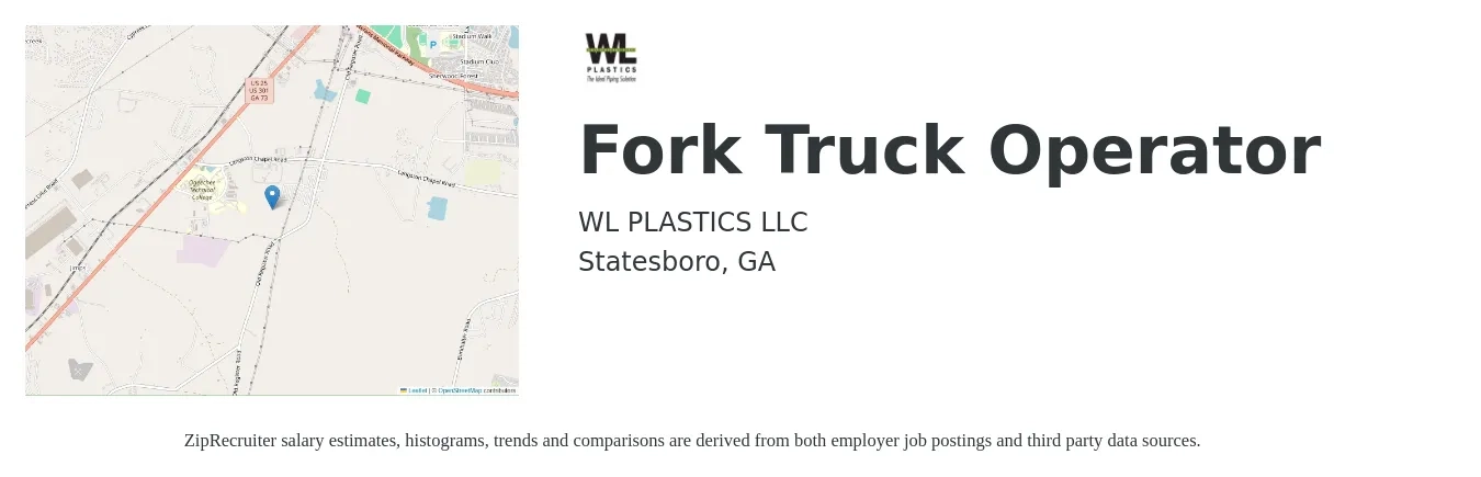 WL PLASTICS LLC job posting for a Fork Truck Operator in Statesboro, GA with a salary of $14 to $17 Hourly with a map of Statesboro location.