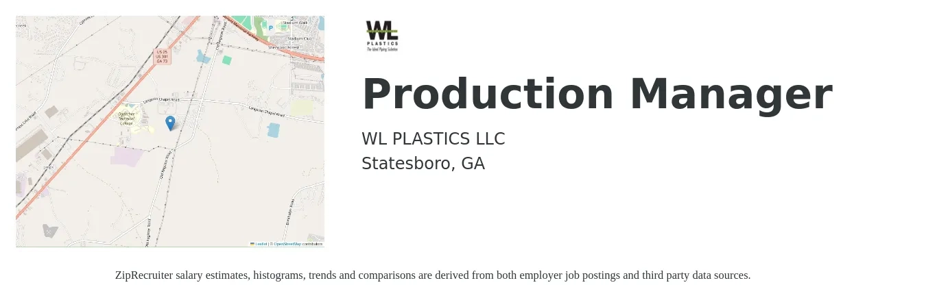 WL PLASTICS LLC job posting for a Production Manager in Statesboro, GA with a salary of $47,600 to $68,500 Yearly with a map of Statesboro location.