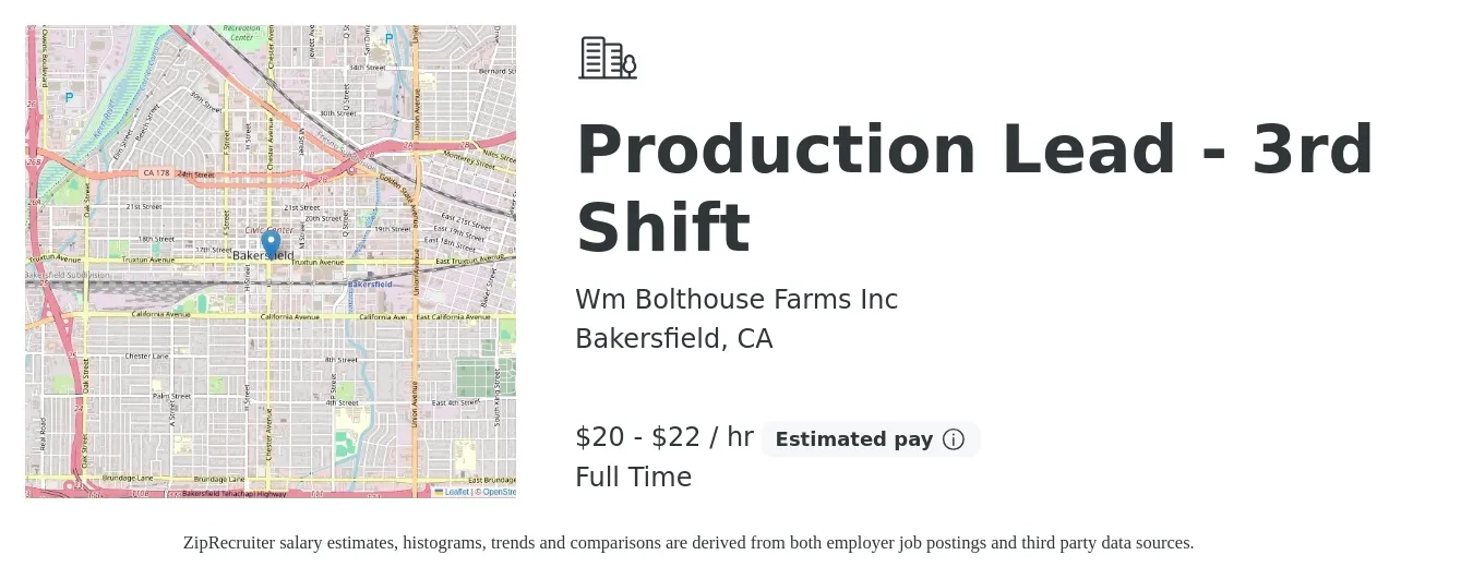 Wm Bolthouse Farms Inc job posting for a Production Lead - 3rd Shift in Bakersfield, CA with a salary of $22 to $24 Hourly with a map of Bakersfield location.