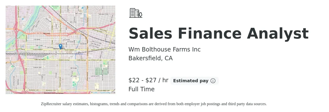 Wm Bolthouse Farms Inc job posting for a Sales Finance Analyst in Bakersfield, CA with a salary of $24 to $29 Hourly with a map of Bakersfield location.