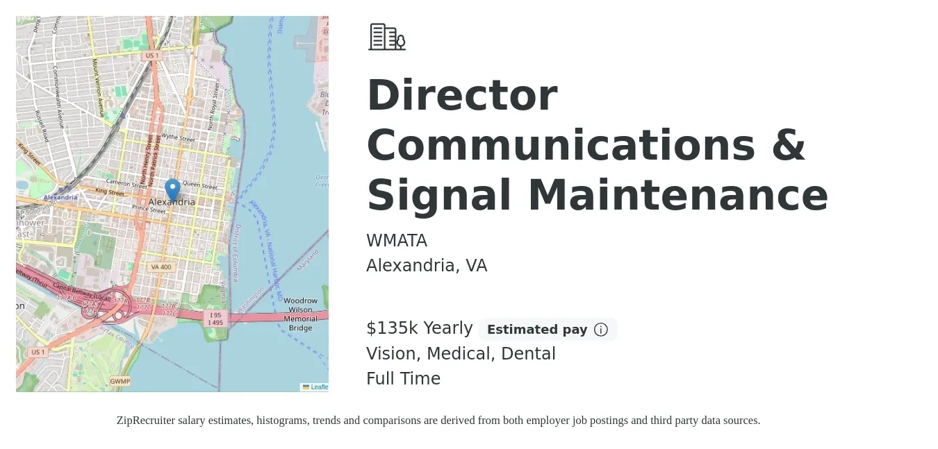 WMATA job posting for a Director Communications & Signal Maintenance in Alexandria, VA with a salary of $135,000 Yearly and benefits including life_insurance, medical, pto, retirement, vision, and dental with a map of Alexandria location.