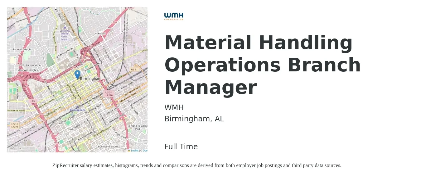 WMH job posting for a Material Handling Operations Branch Manager in Birmingham, AL with a salary of $50,600 to $81,100 Yearly with a map of Birmingham location.