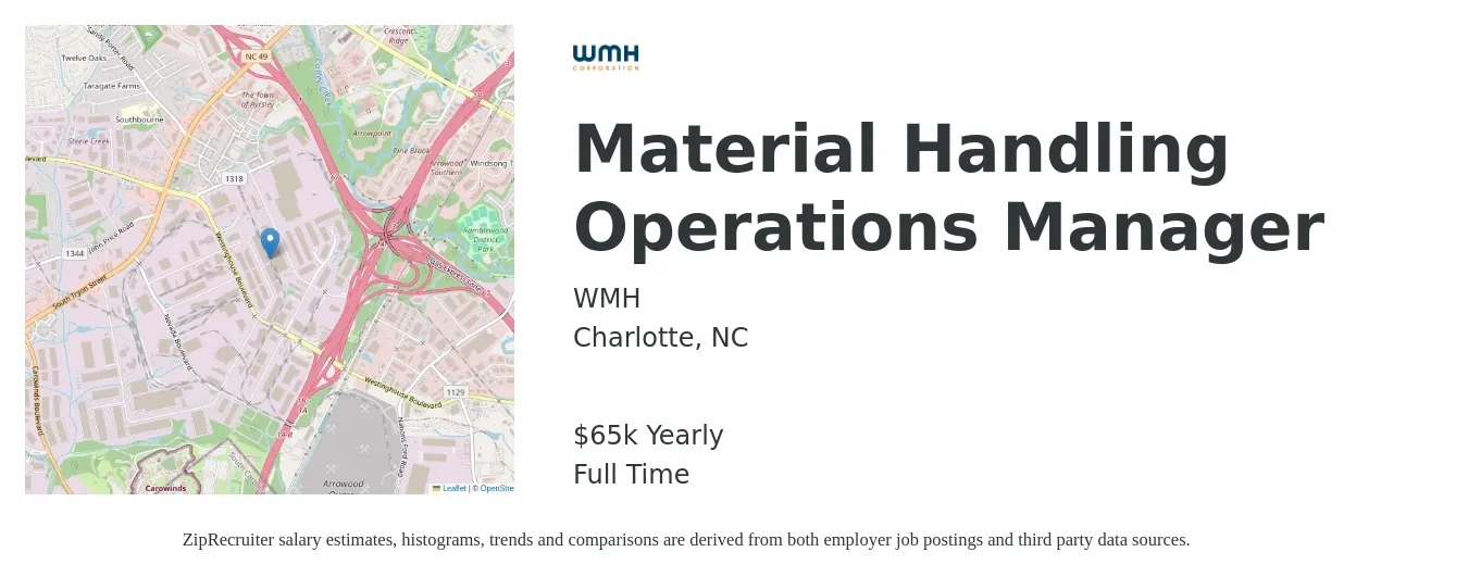 WMH job posting for a Material Handling Operations Manager in Charlotte, NC with a salary of $65,000 Yearly with a map of Charlotte location.
