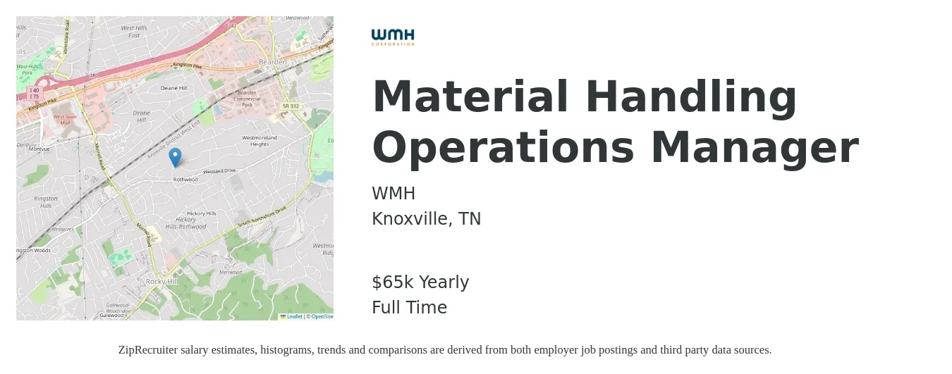 WMH job posting for a Material Handling Operations Manager in Knoxville, TN with a salary of $65,000 Yearly with a map of Knoxville location.