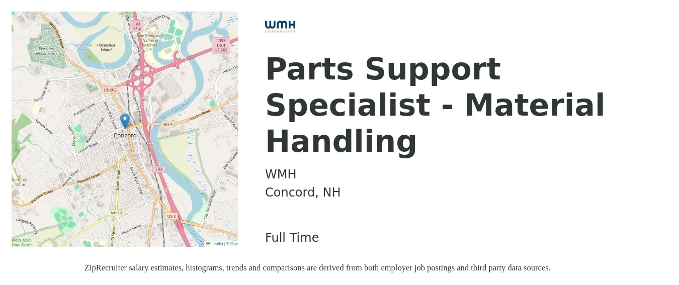 WMH job posting for a Parts Support Specialist - Material Handling in Concord, NH with a salary of $18 to $24 Hourly with a map of Concord location.