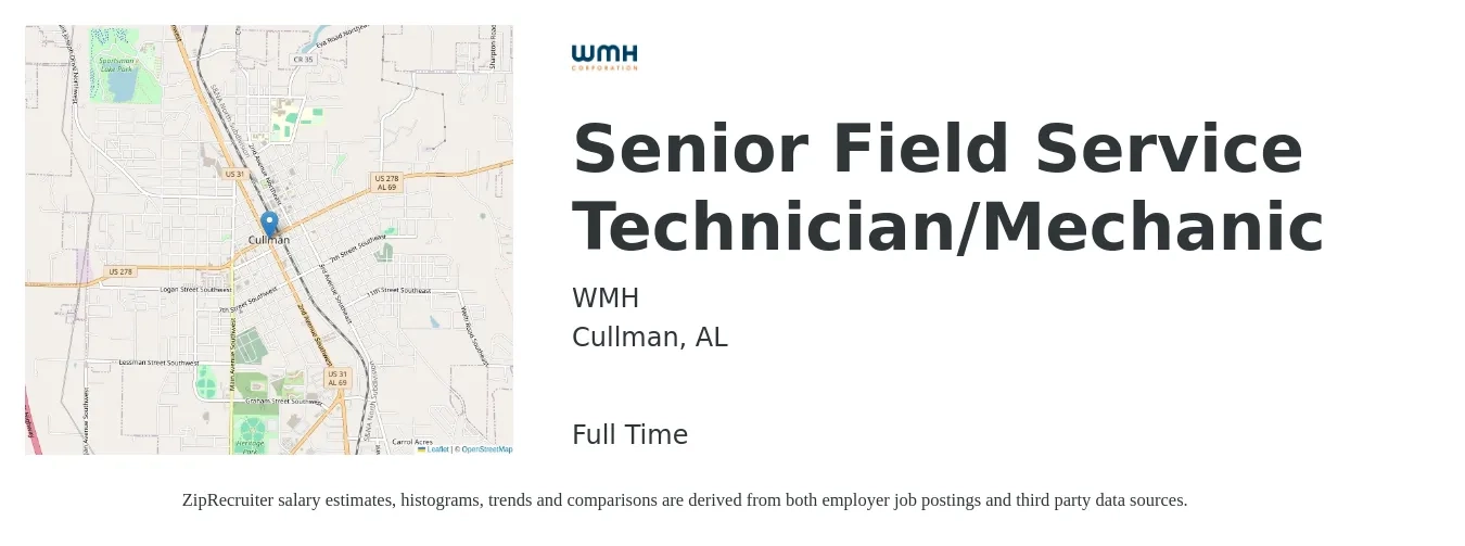 WMH job posting for a Senior Field Service Technician/Mechanic in Cullman, AL with a salary of $22 to $30 Hourly with a map of Cullman location.