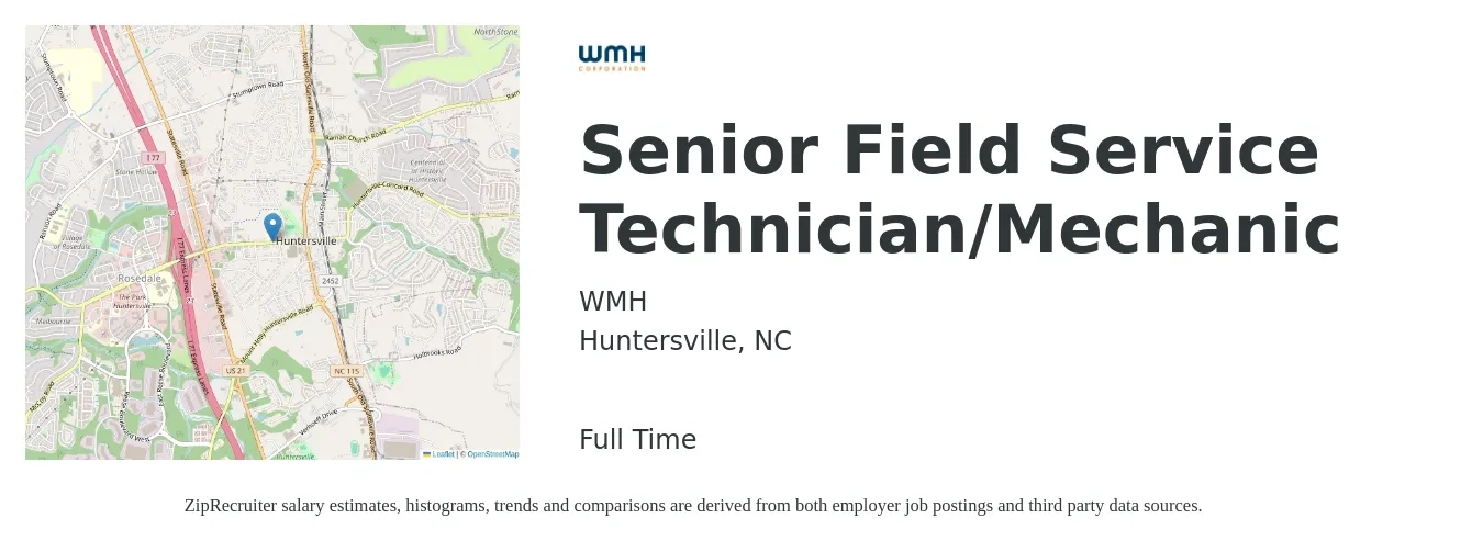 WMH job posting for a Senior Field Service Technician/Mechanic in Huntersville, NC with a salary of $21 to $33 Hourly with a map of Huntersville location.