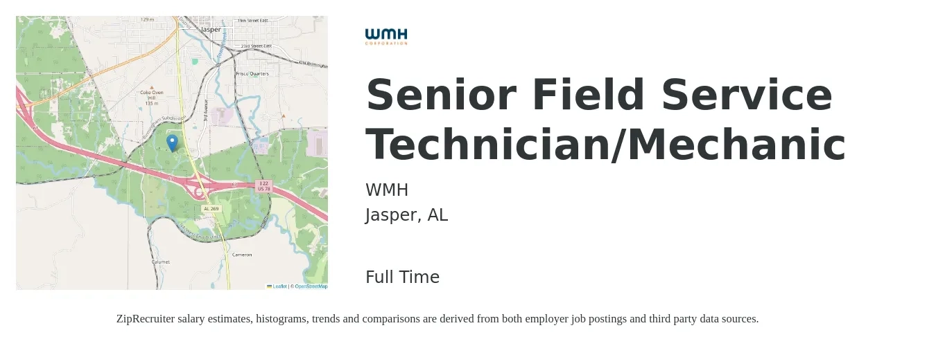 WMH job posting for a Senior Field Service Technician/Mechanic in Jasper, AL with a salary of $22 to $30 Hourly with a map of Jasper location.