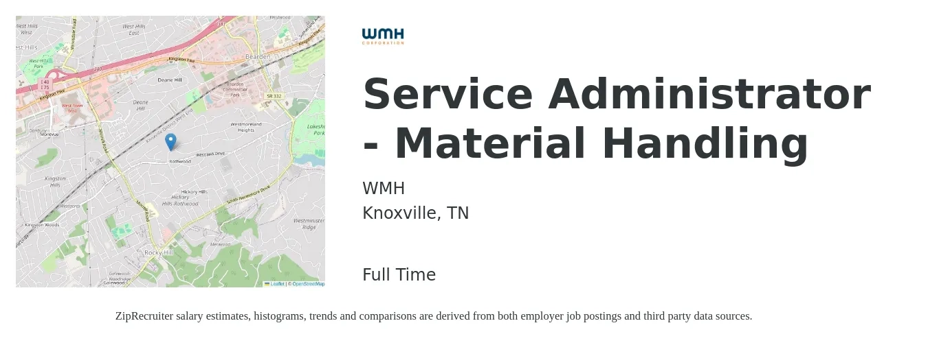 WMH job posting for a Service Administrator - Material Handling in Knoxville, TN with a salary of $17 to $23 Hourly with a map of Knoxville location.