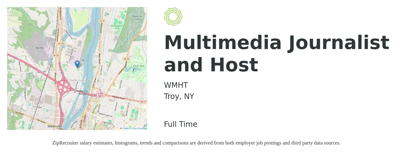 WMHT job posting for a Multimedia Journalist and Host in Troy, NY with a salary of $18 to $36 Hourly with a map of Troy location.