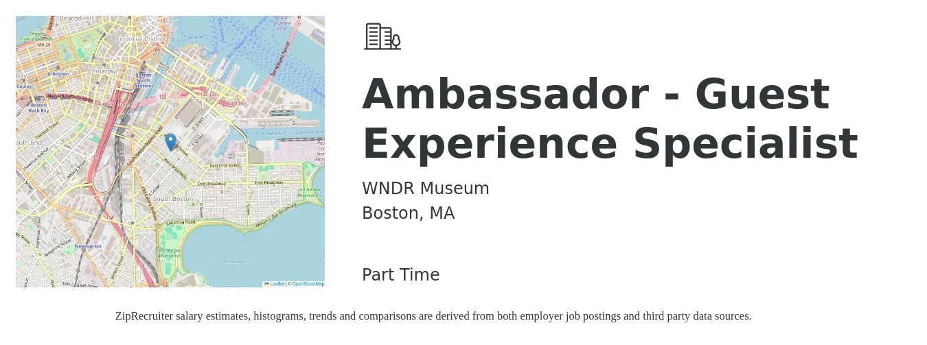 WNDR Museum job posting for a Ambassador - Guest Experience Specialist in Boston, MA with a salary of $15 to $22 Hourly with a map of Boston location.