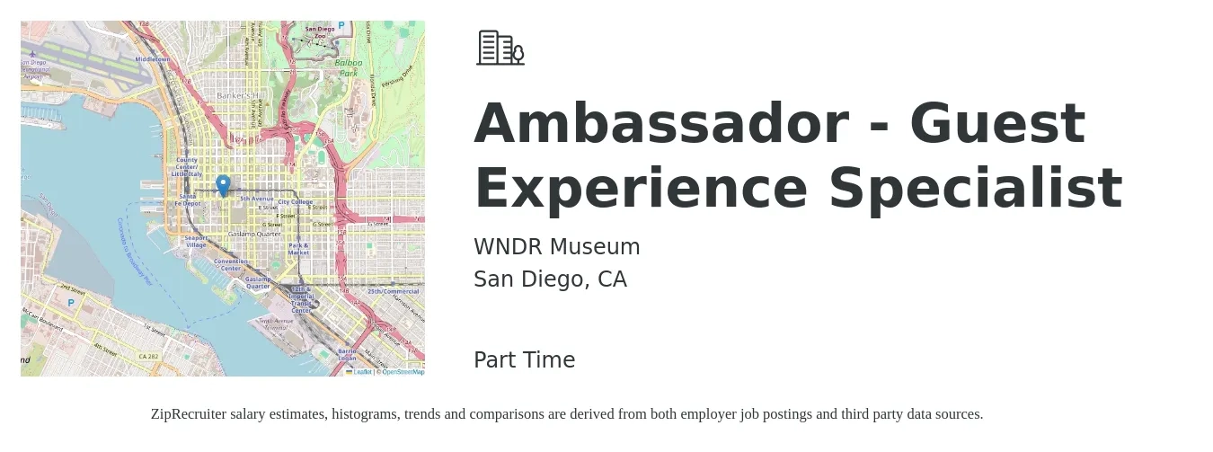 WNDR Museum job posting for a Ambassador - Guest Experience Specialist in San Diego, CA with a salary of $16 to $20 Hourly with a map of San Diego location.