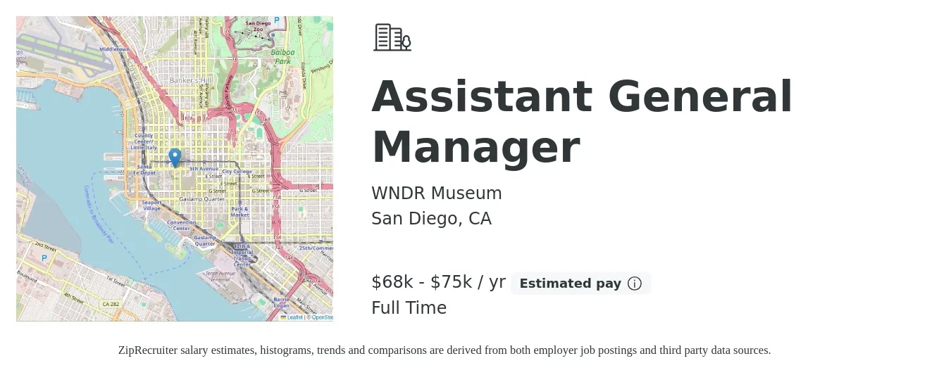 WNDR Museum job posting for a Assistant General Manager in San Diego, CA with a salary of $68,000 to $75,000 Yearly with a map of San Diego location.