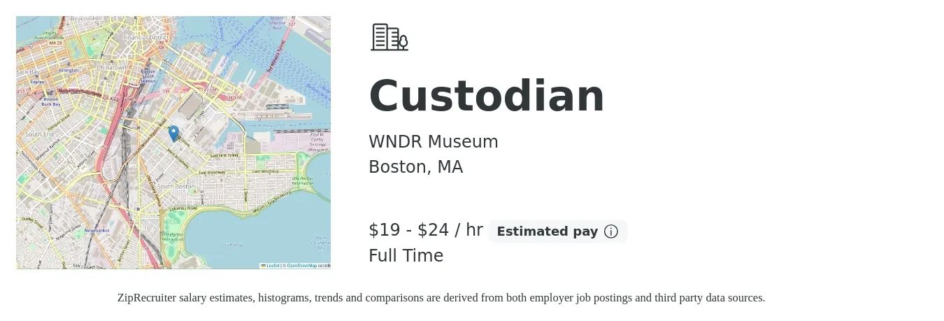 WNDR Museum job posting for a Custodian in Boston, MA with a salary of $20 to $25 Hourly with a map of Boston location.
