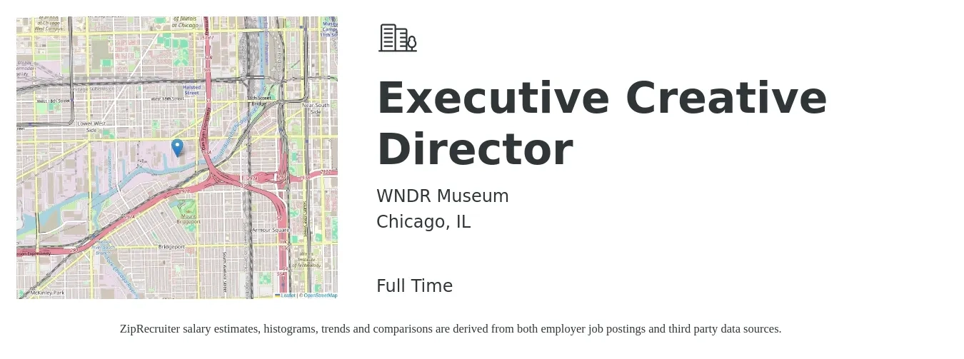WNDR Museum job posting for a Executive Creative Director in Chicago, IL with a salary of $51,500 to $120,500 Yearly with a map of Chicago location.