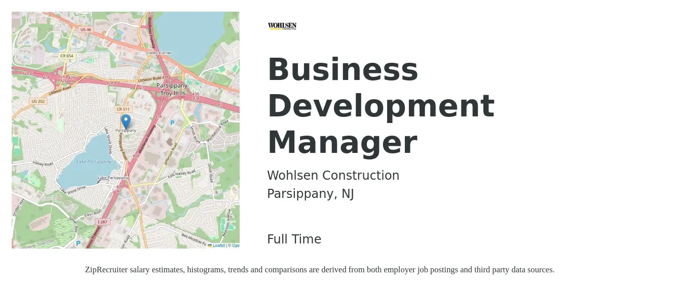 Wohlsen Construction job posting for a Business Development Manager in Parsippany, NJ with a salary of $61,300 to $100,600 Yearly with a map of Parsippany location.