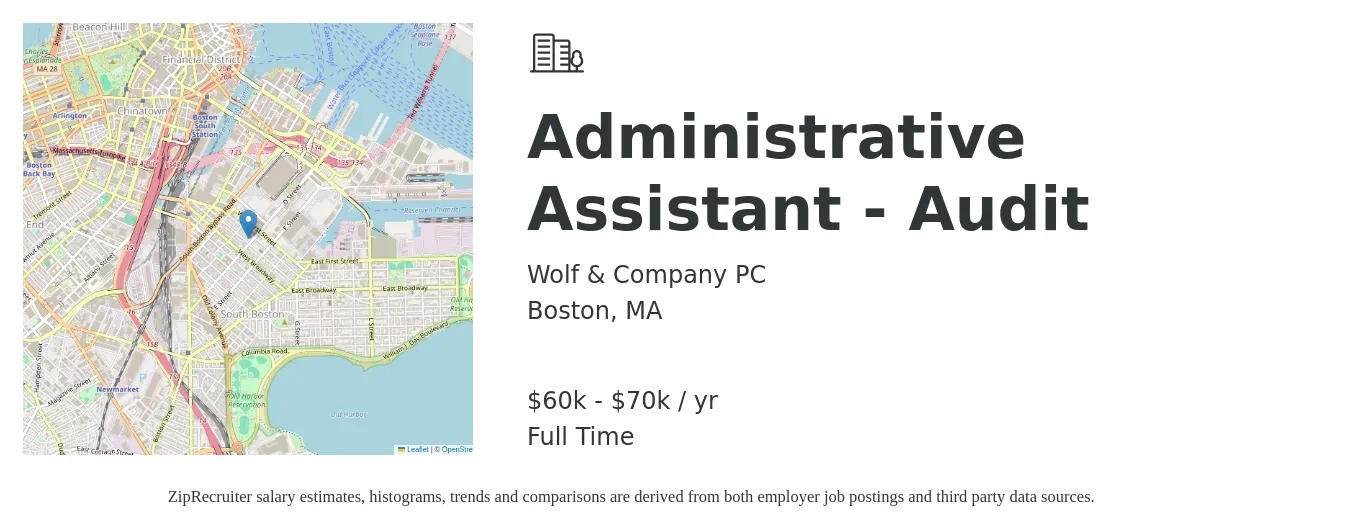 Wolf & Company PC job posting for a Administrative Assistant - Audit in Boston, MA with a salary of $60,000 to $70,000 Yearly with a map of Boston location.
