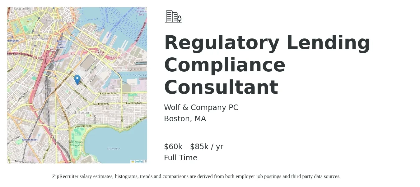 Wolf & Company PC job posting for a Regulatory Lending Compliance Consultant in Boston, MA with a salary of $60,000 to $85,000 Yearly with a map of Boston location.
