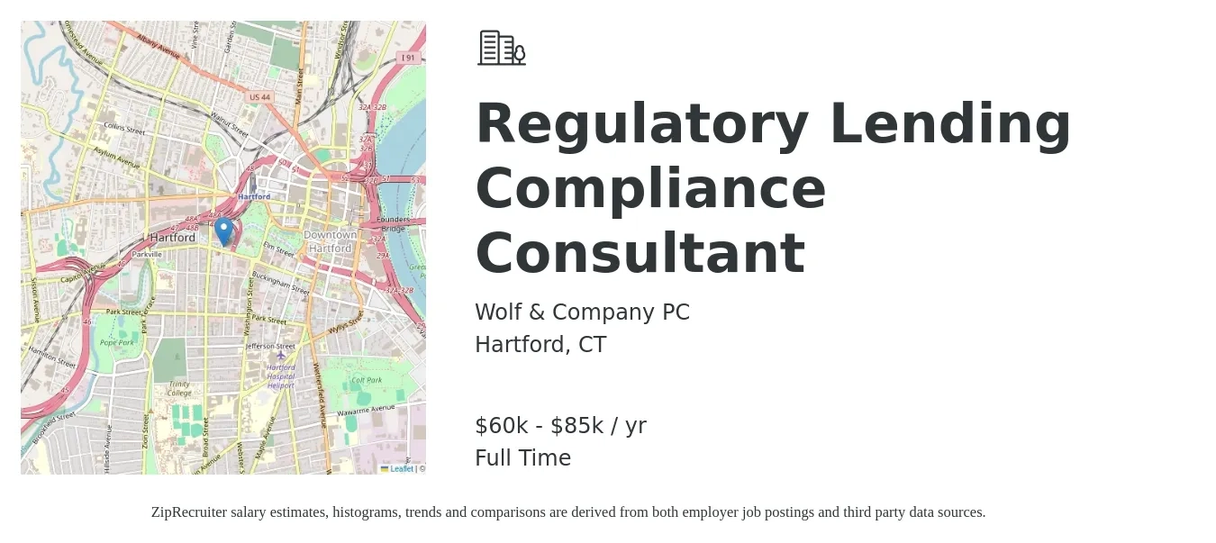 Wolf & Company PC job posting for a Regulatory Lending Compliance Consultant in Hartford, CT with a salary of $60,000 to $85,000 Yearly with a map of Hartford location.