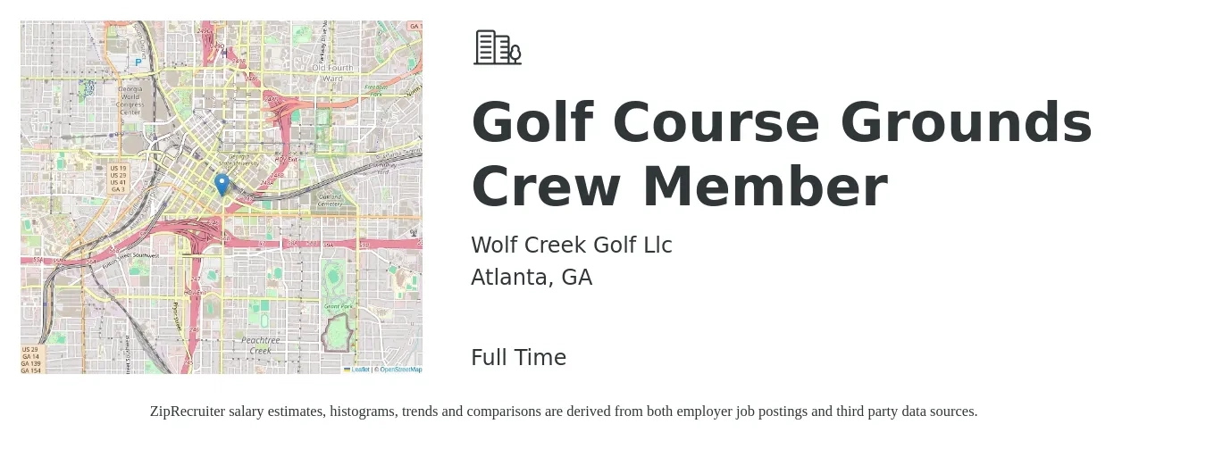 Wolf Creek Golf Llc job posting for a Golf Course Grounds Crew Member in Atlanta, GA with a salary of $15 to $19 Hourly with a map of Atlanta location.