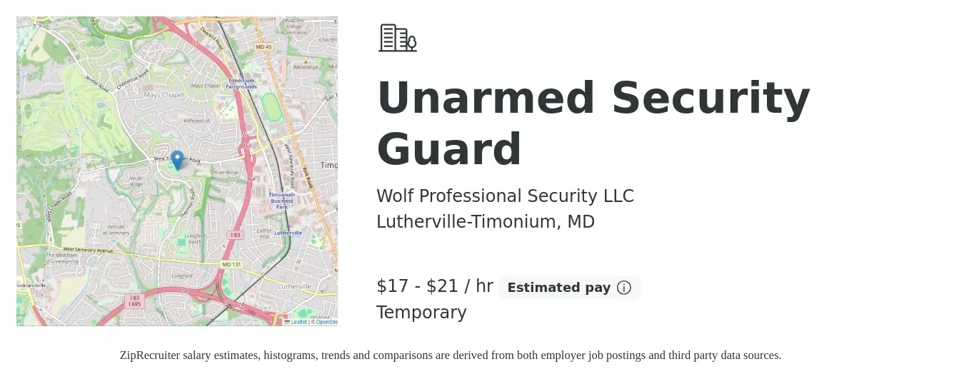 Wolf Professional Security LLC job posting for a Unarmed Security Guard in Lutherville-Timonium, MD with a salary of $18 to $22 Hourly with a map of Lutherville-Timonium location.