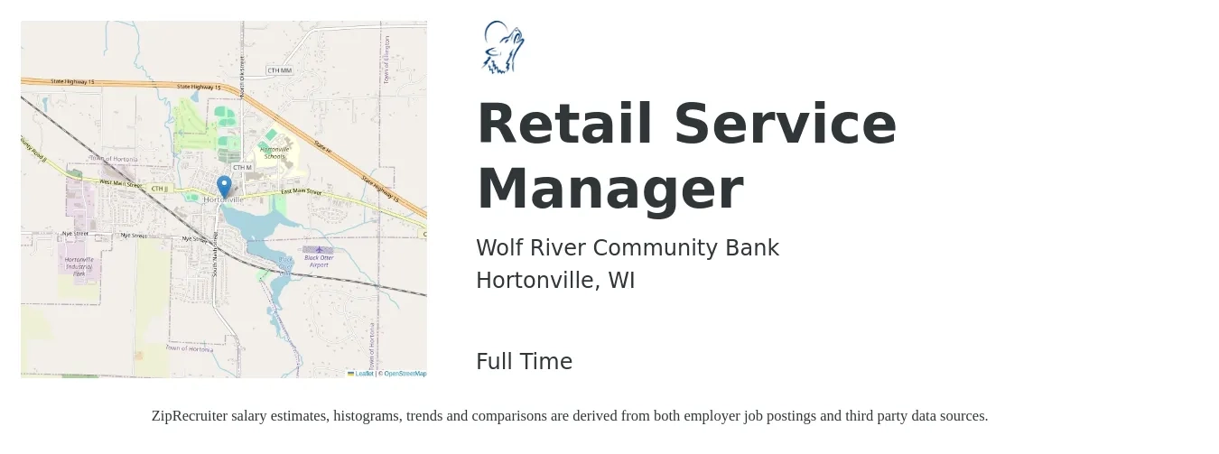 Wolf River Community Bank job posting for a Retail Service Manager in Hortonville, WI with a salary of $24 to $24 Hourly with a map of Hortonville location.