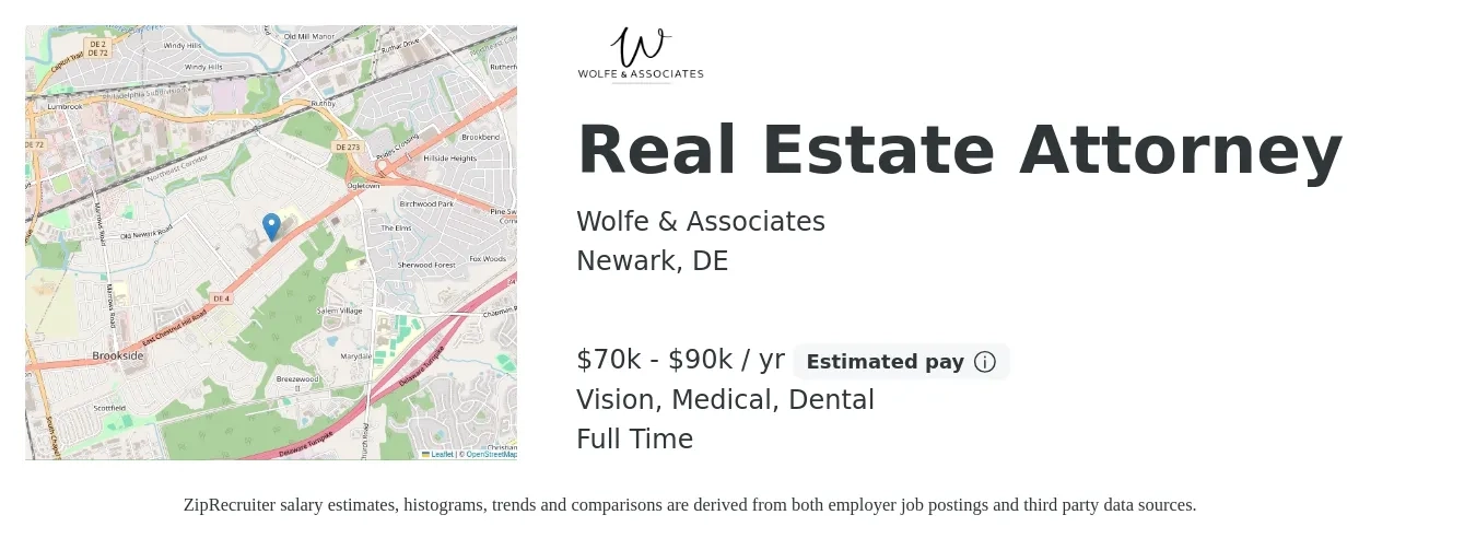 Wolfe & Associates job posting for a Real Estate Attorney in Newark, DE with a salary of $70,000 to $90,000 Yearly and benefits including retirement, vision, dental, medical, and pto with a map of Newark location.
