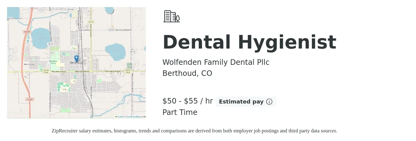 Wolfenden Family Dental Pllc job posting for a Dental Hygienist in Berthoud, CO with a salary of $52 to $58 Hourly with a map of Berthoud location.