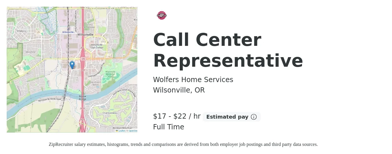 Wolfers Home Services job posting for a Call Center Representative in Wilsonville, OR with a salary of $18 to $23 Hourly with a map of Wilsonville location.