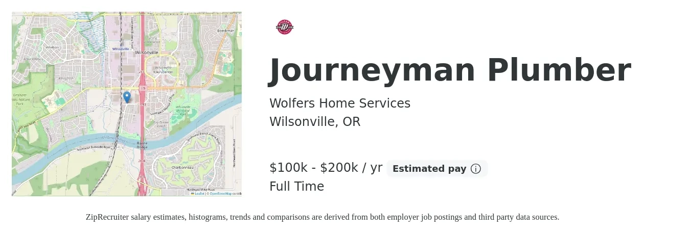 Wolfers Home Services job posting for a Journeyman Plumber in Wilsonville, OR with a salary of $100,000 to $200,000 Yearly with a map of Wilsonville location.
