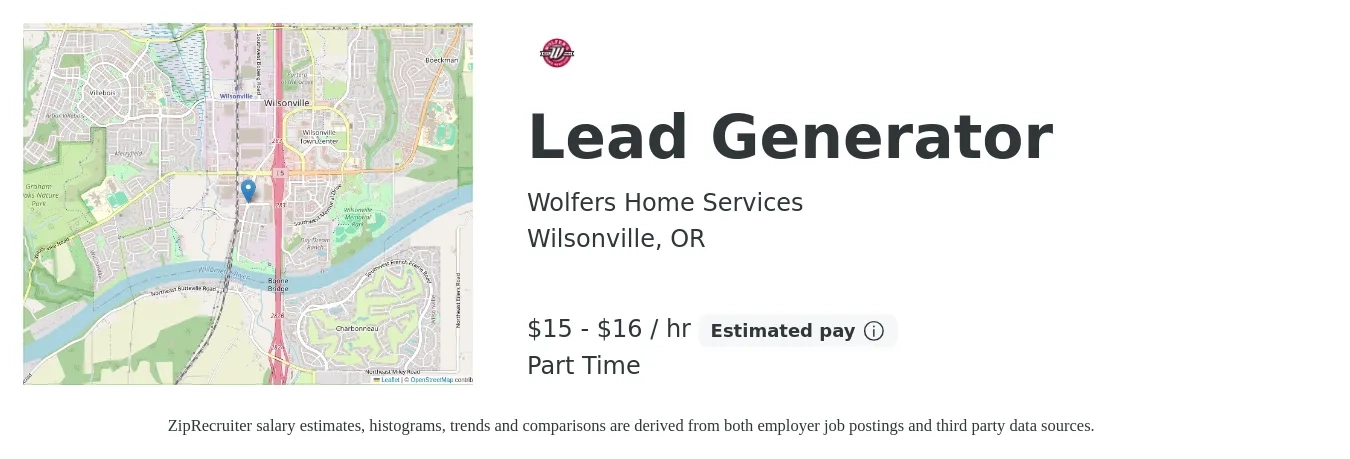 Wolfers Home Services job posting for a Lead Generator in Wilsonville, OR with a salary of $16 to $17 Hourly with a map of Wilsonville location.