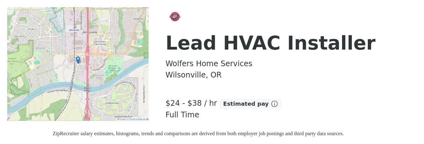 Wolfers Home Services job posting for a Lead HVAC Installer in Wilsonville, OR with a salary of $25 to $40 Hourly with a map of Wilsonville location.