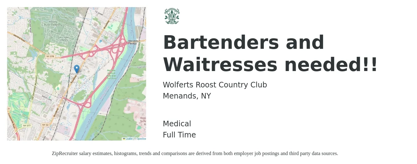 Wolferts Roost Country Club job posting for a Bartenders and Waitresses needed!! in Menands, NY with a salary of $10 to $18 Hourly and benefits including medical with a map of Menands location.