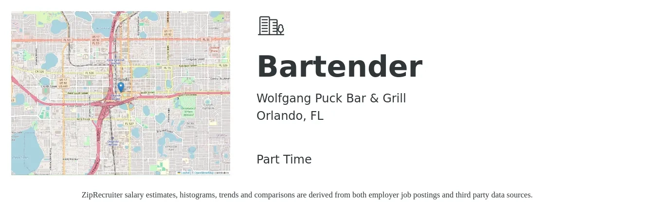 Wolfgang Puck Bar & Grill job posting for a Bartender in Orlando, FL with a salary of $9 to $18 Hourly with a map of Orlando location.