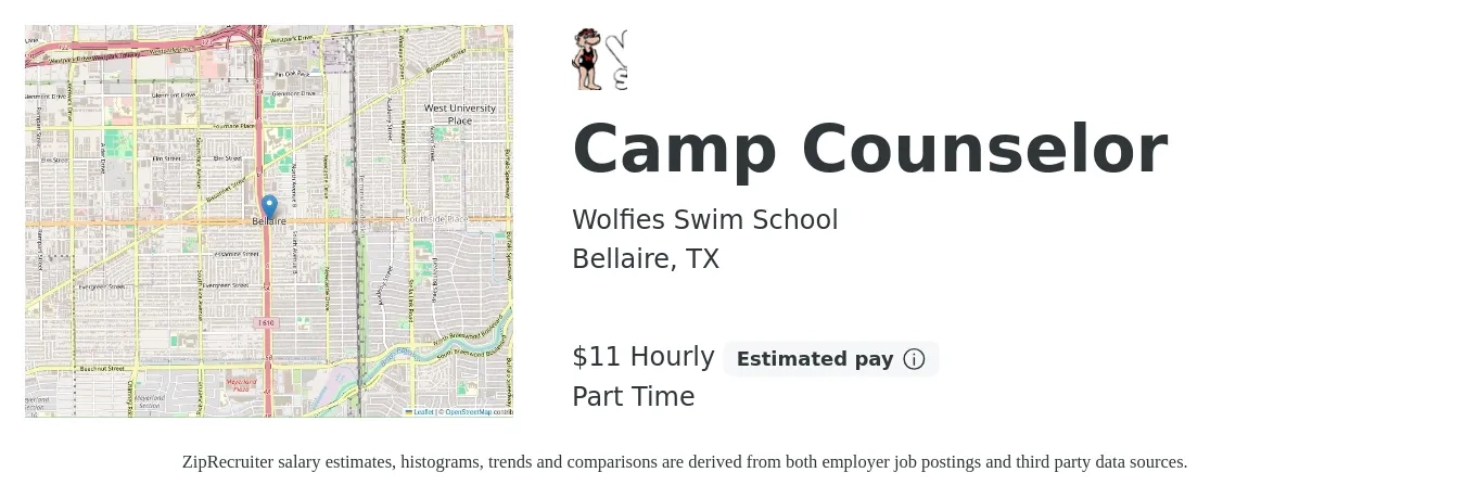 Wolfies Swim School job posting for a Camp Counselor in Bellaire, TX with a salary of $12 Hourly with a map of Bellaire location.
