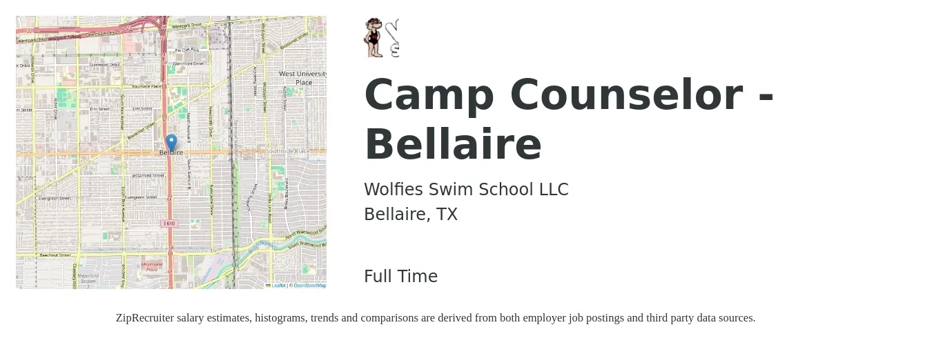 Wolfies Swim School LLC job posting for a Camp Counselor - Bellaire in Bellaire, TX with a salary of $11 to $16 Hourly with a map of Bellaire location.