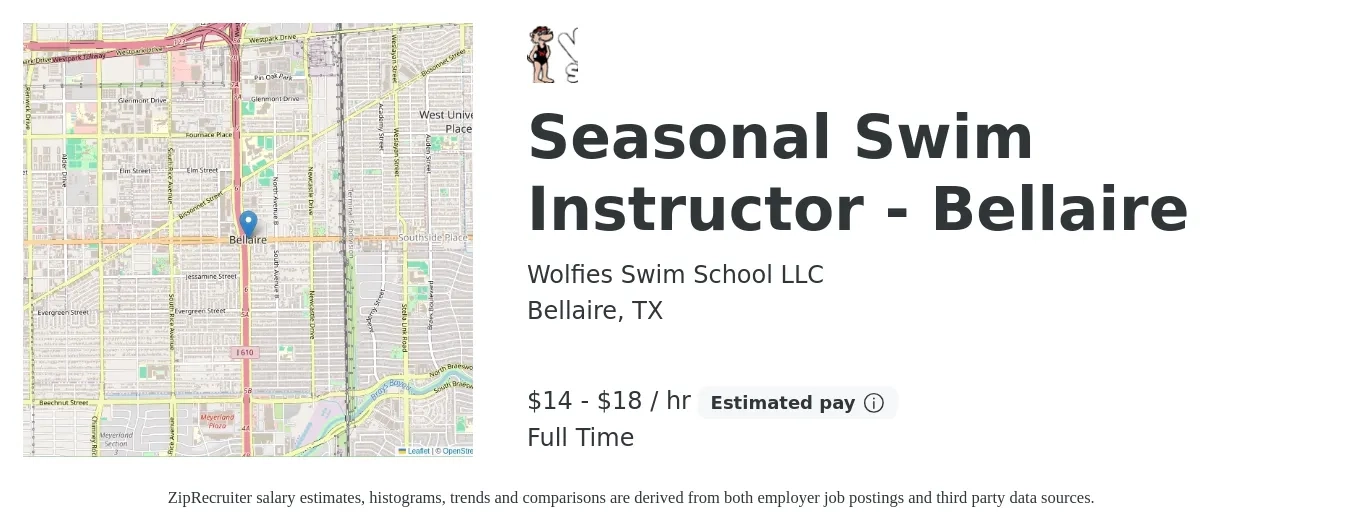Wolfies Swim School LLC job posting for a Seasonal Swim Instructor - Bellaire in Bellaire, TX with a salary of $13 to $17 Hourly with a map of Bellaire location.