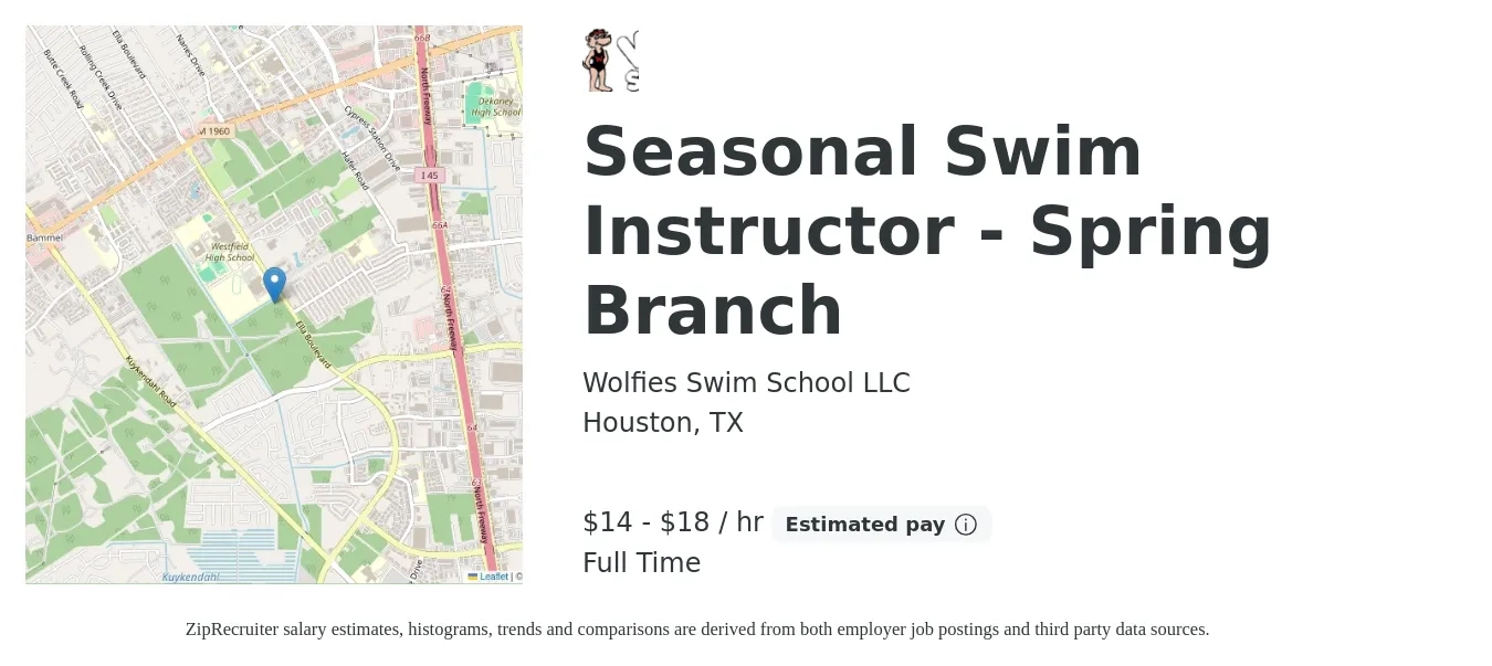 Wolfies Swim School LLC job posting for a Seasonal Swim Instructor - Spring Branch in Houston, TX with a salary of $13 to $16 Hourly with a map of Houston location.