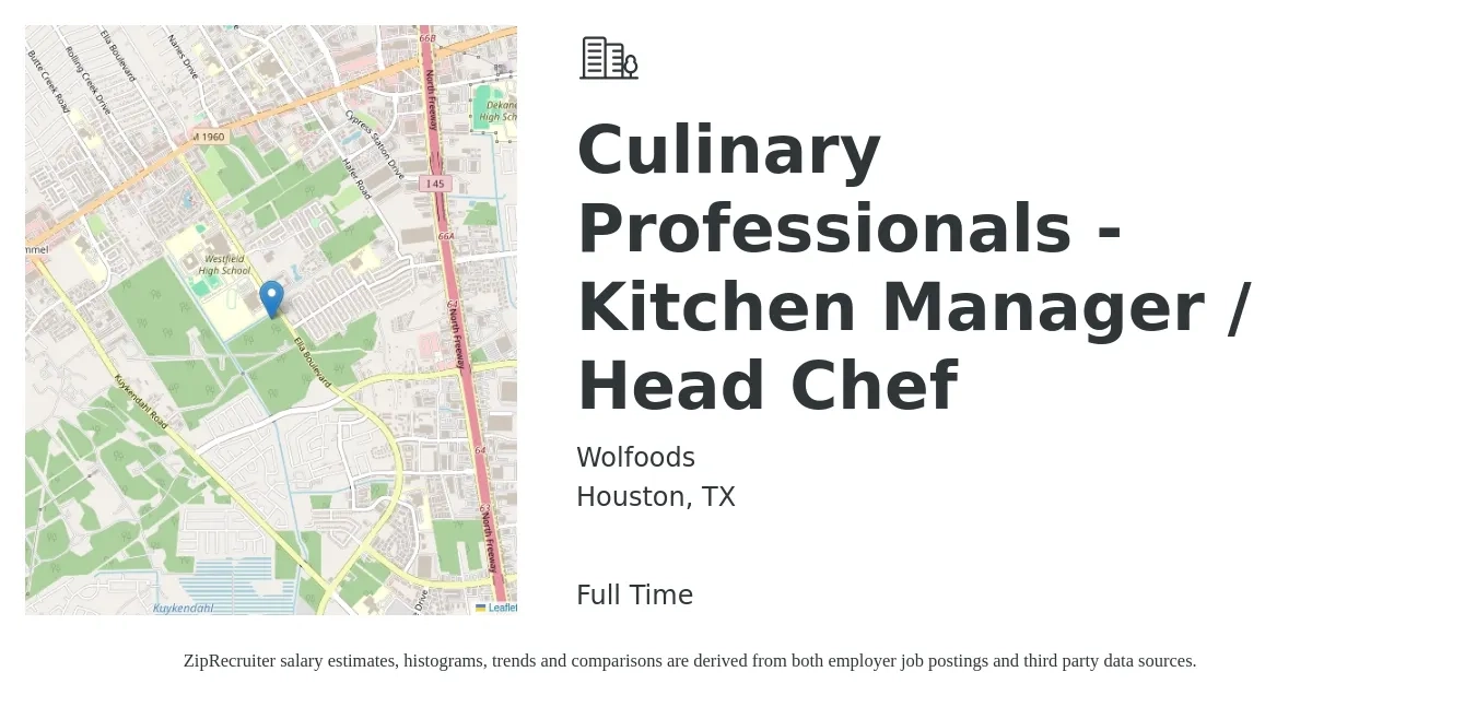 Wolfoods job posting for a Culinary Professionals - Kitchen Manager / Head Chef in Houston, TX with a salary of $1,300 to $1,500 Weekly with a map of Houston location.