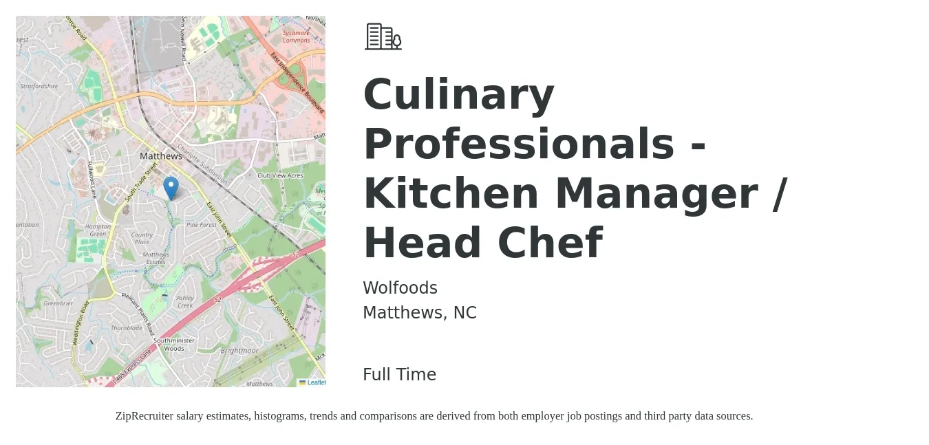 Wolfoods job posting for a Culinary Professionals - Kitchen Manager / Head Chef in Matthews, NC with a salary of $1,300 to $1,500 Weekly with a map of Matthews location.