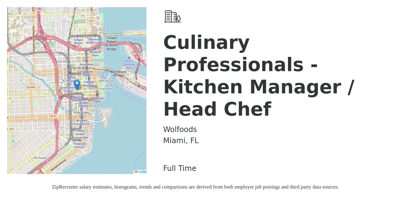Wolfoods job posting for a Culinary Professionals - Kitchen Manager / Head Chef in Miami, FL with a salary of $1,300 to $1,500 Weekly with a map of Miami location.