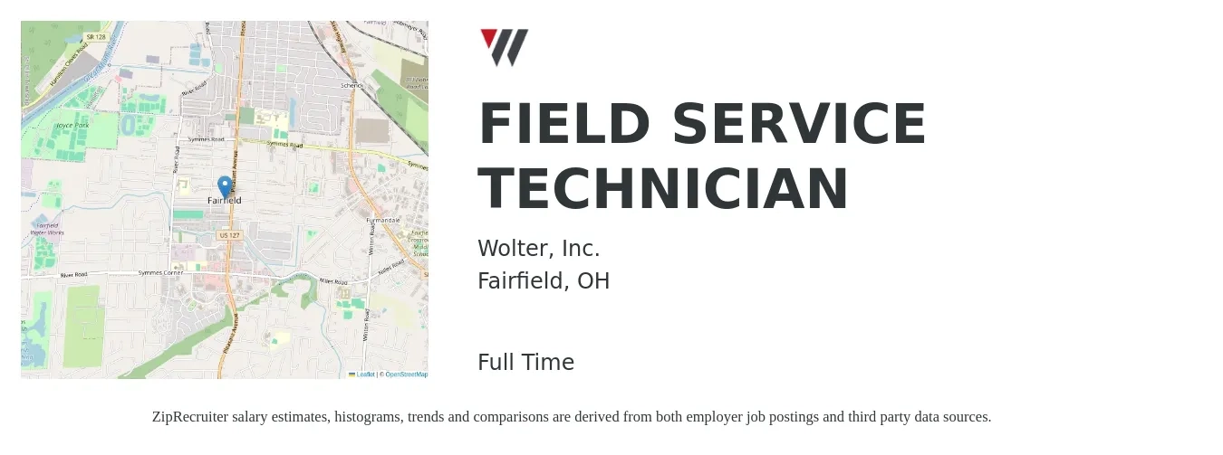 Wolter, Inc. job posting for a FIELD SERVICE TECHNICIAN in Fairfield, OH with a salary of $19 to $28 Hourly with a map of Fairfield location.